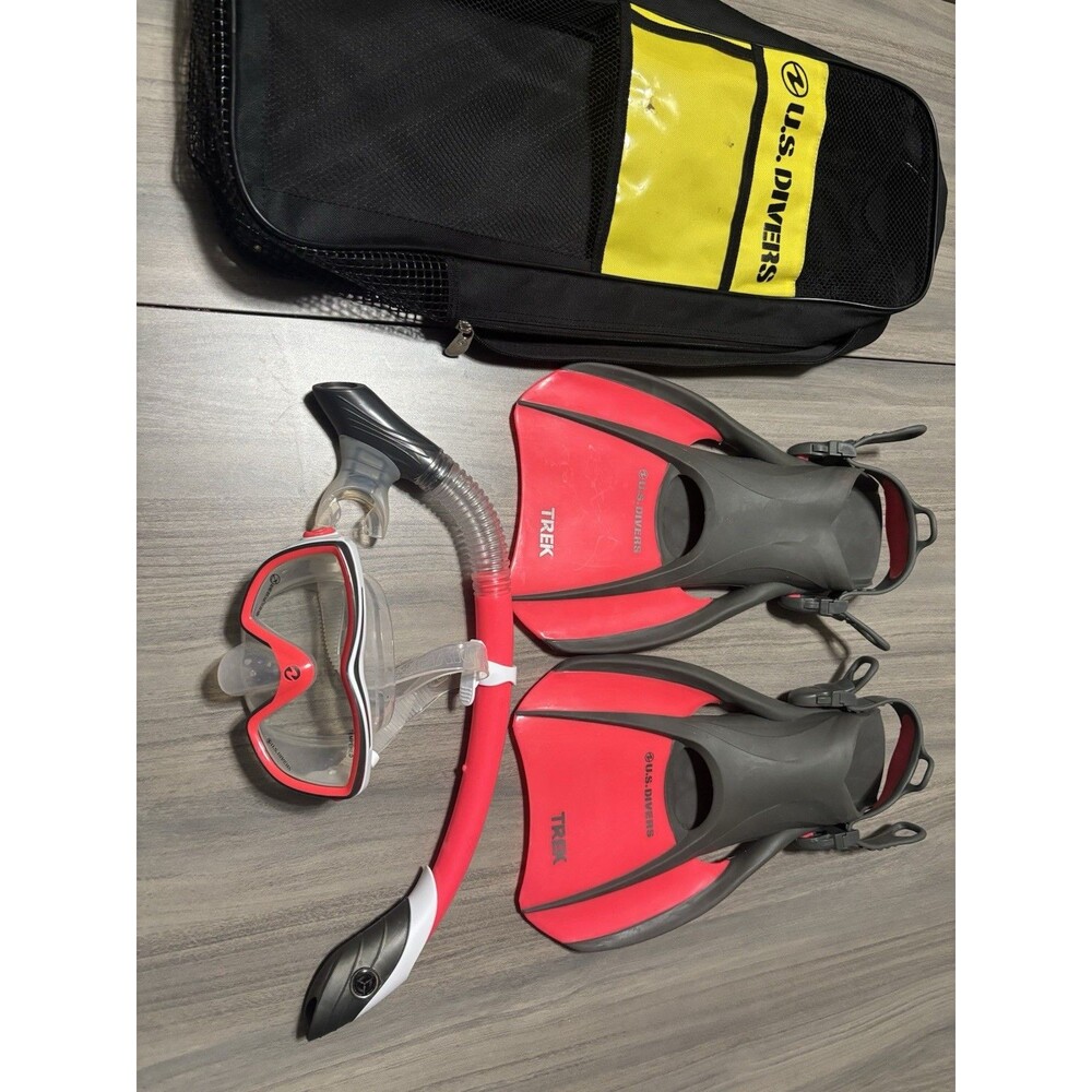 U.S. Divers Trek Snorkel Set Mask Snorkel Fins Mesh Bag Size M Red/Gray